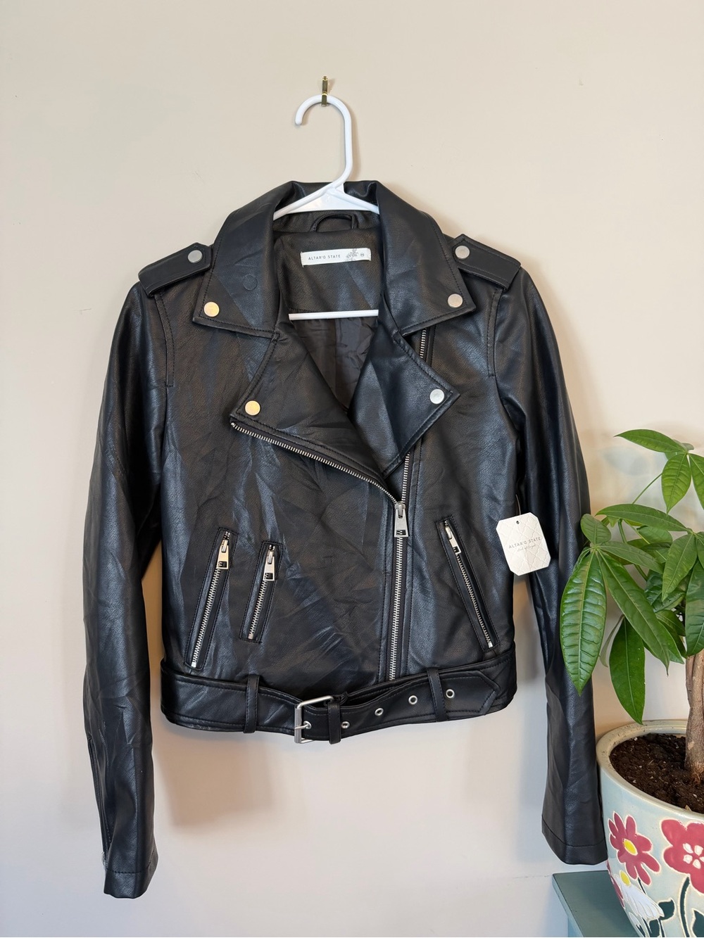NWT Altar’d State Womens Black Faux Leather Moto Jacket with Belt